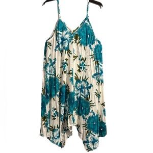 Tropical Floral Teal Adjustable Strap Pullover Uneven Hem Swim Coverup Dress